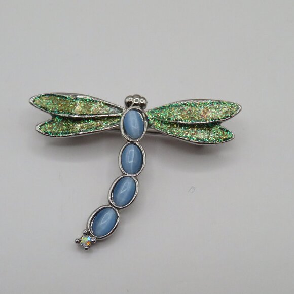 Dragonfly Brooch Geen Glitter Enamel Wings Silver Tone - Picture 1 of 8